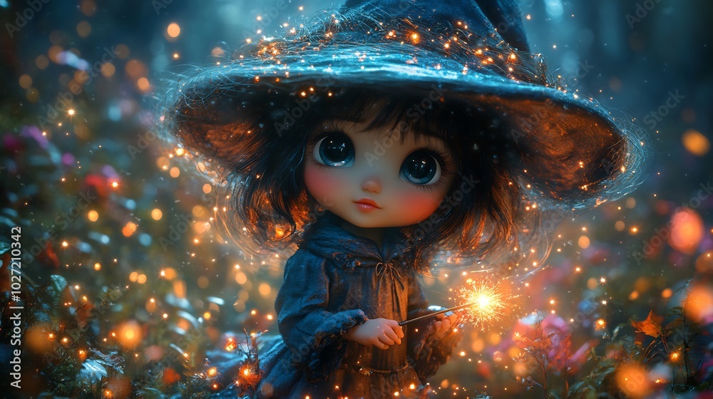 Cute little chibi witch an enchanted forest holding her wand with glowing sparks around her Fullbody 4D photographic render vibrant and realistic capturing her vivid colors and magical charm Cute little chibi witch an enchanted forest holding her wand with glowing sparks around her Fullbody 4D photographic render vibrant and realistic capturing her vivid colors and magical charm