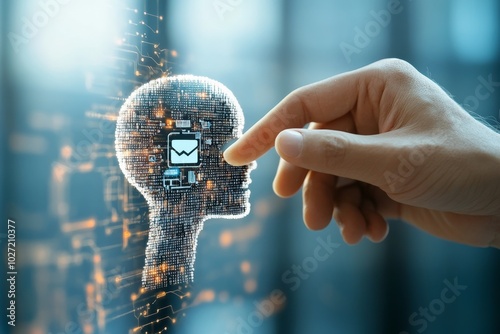 A digital silhouette interacts with a fingertip, symbolizing the fusion of human touch and technology, reflecting innovation in modern digital communications.