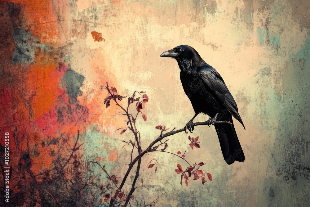 Fototapeta premium Black raven perched on branch with artistic background