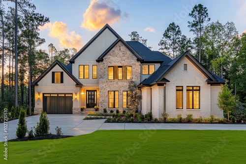 Brand new construction home is glowing in the evening light