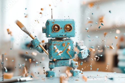 A cute blue robot busy creating art with a paintbrush, standing amidst swirling particles and fragments, showcasing creativity and whimsy in a playful setting. photo