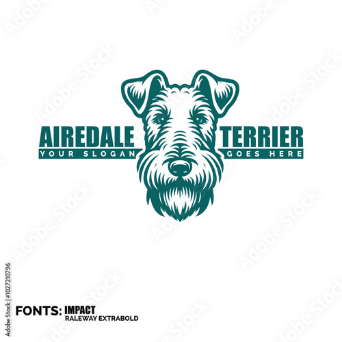 Airedale Terrier head logo, cute puppy, cute dog head logo with slogan, Text, on white background, shield logo, Cute head logo of Dog