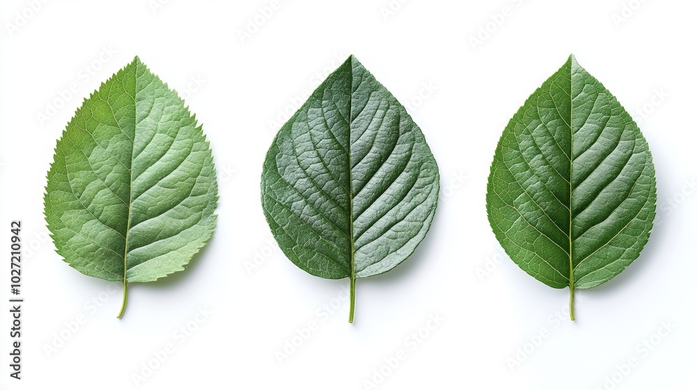 Obraz premium Three green leaves arranged horizontally on a white background.