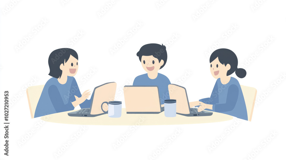 Three people at table with laptops. Animated style. Friendly. Light blue bg. Emphasizes team diversity. Three people at table with laptops. Animated style. Friendly. Light blue bg. Emphasizes team diversity.