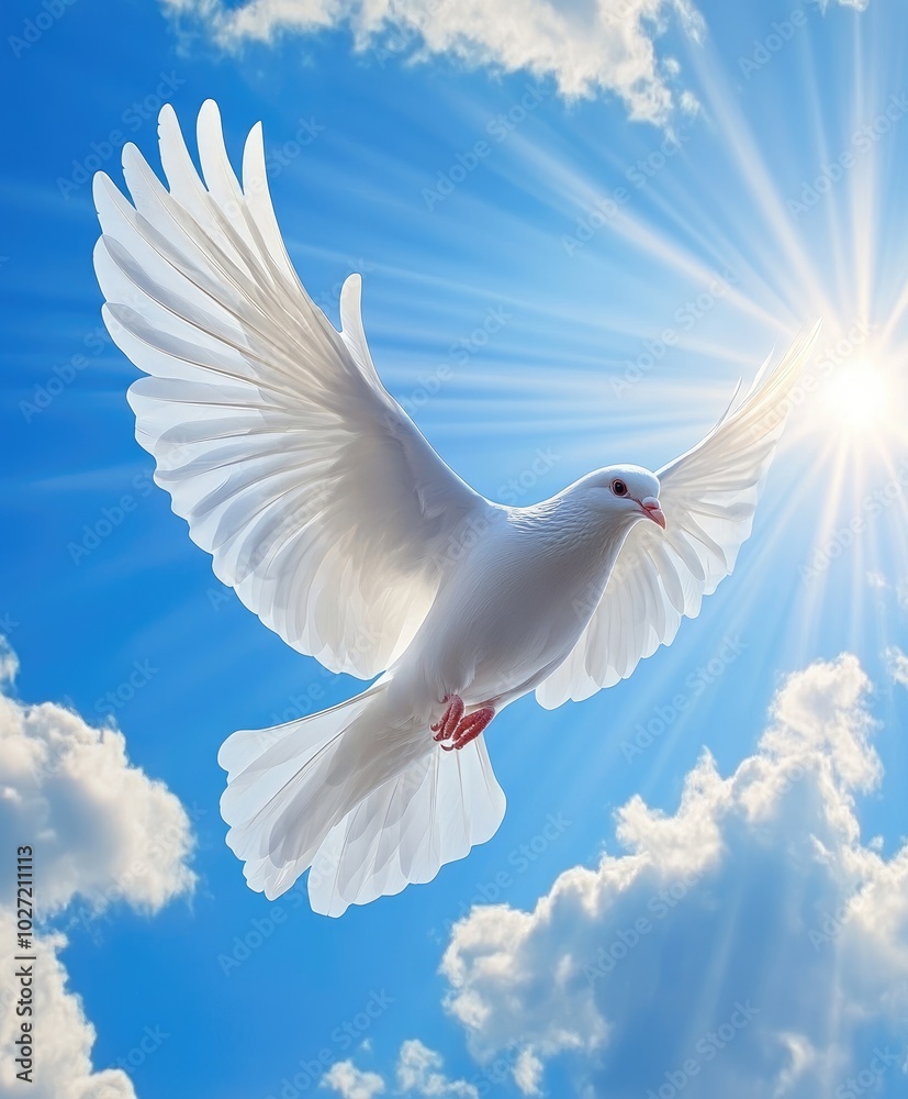Fototapeta premium White dove soaring in the sky symbolizing hope and peace