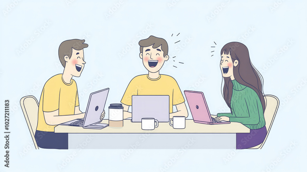 Three people at table with laptops. Animated style. Friendly. Light blue bg. Emphasizes team diversity. Three people at table with laptops. Animated style. Friendly. Light blue bg. Emphasizes team diversity.
