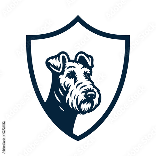 Airedale Terrier head logo, cute puppy, cute dog head logo with slogan, Text, on white background, shield logo, Cute head logo of Dog