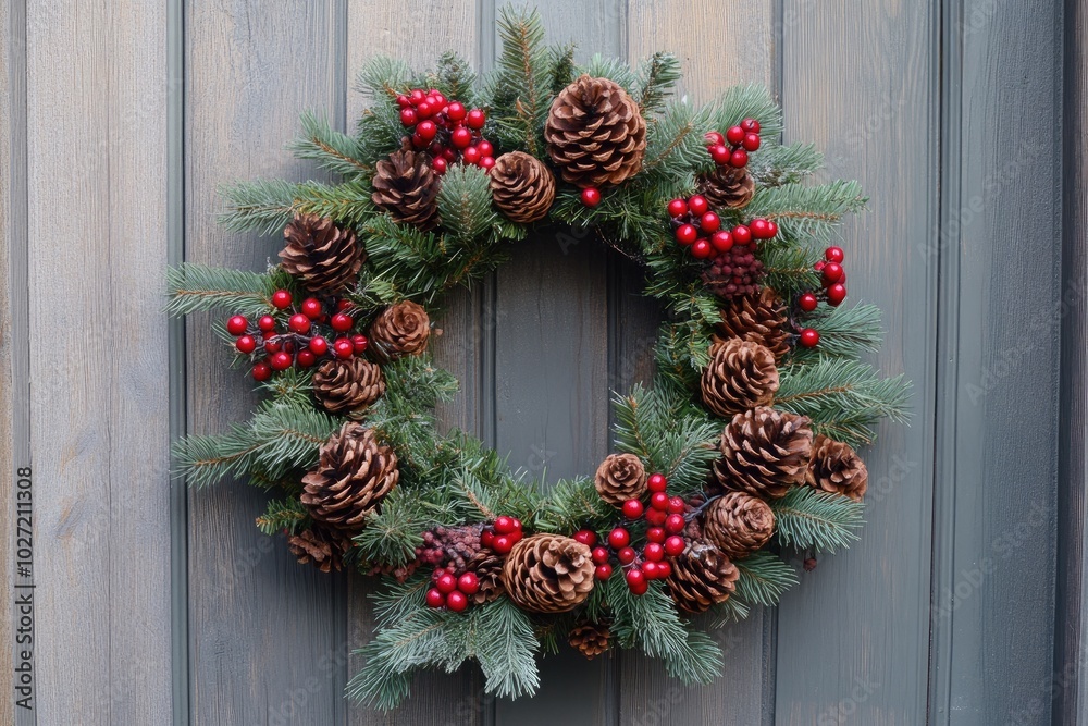 Christmas wreath made of fir branches and pine cones hanging on a gray wooden door Christmas wreath made of fir branches and pine cones hanging on a gray wooden door