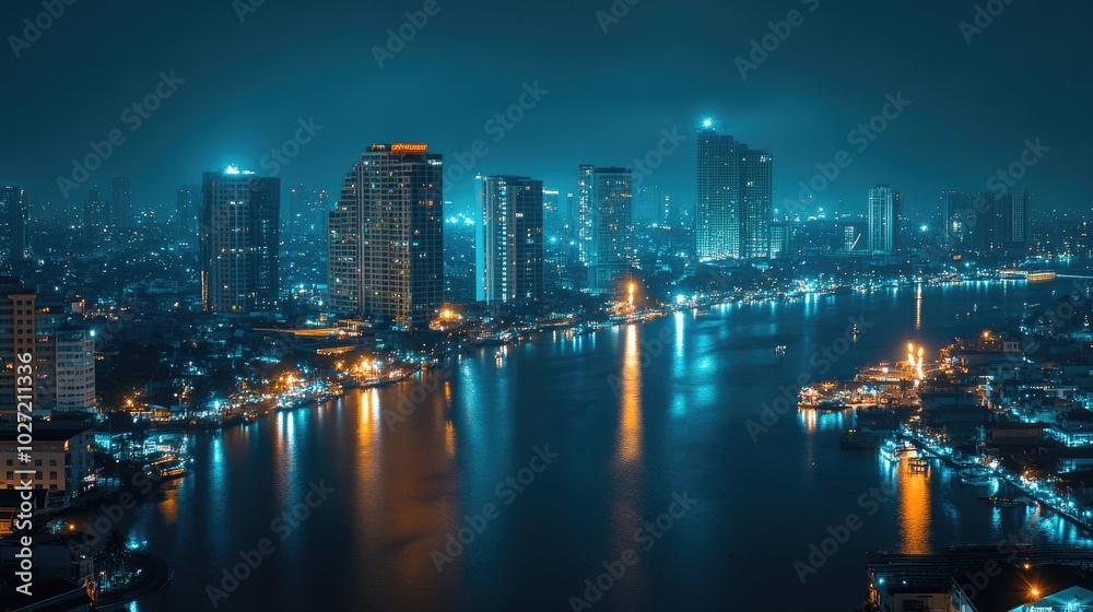 Naklejka premium Chao phraya river reflecting bangkok cityscape at night