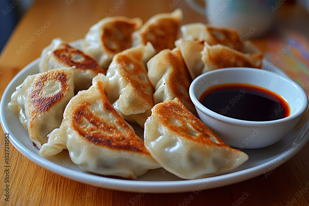 Crispy Pan-Fried Gyoza Dumplings with Soy Dipping Sauce – Japanese Dumplings Perfect for Appetizers, Asian Cuisine, and Street Food Photography Crispy Pan-Fried Gyoza Dumplings with Soy Dipping Sauce – Japanese Dumplings Perfect for Appetizers, Asian Cuisine, and Street Food Photography