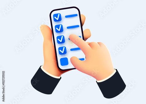Cute cartoon hand holding mobile smartphone with checklist. Feedback concept.