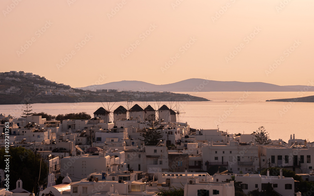 Fototapeta premium Beautiful views of Mykonos island at sunset in Greece.