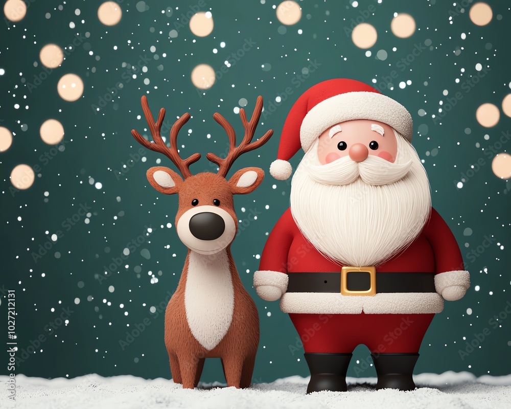 Adorable cartoon Santa and reindeer in a snowy festive scene with twinkling lights, capturing the magic of Christmas and holiday spirit. Adorable cartoon Santa and reindeer in a snowy festive scene with twinkling lights, capturing the magic of Christmas and holiday spirit.
