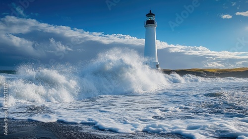 Waves crashing around a lighthouse on a cloudy day