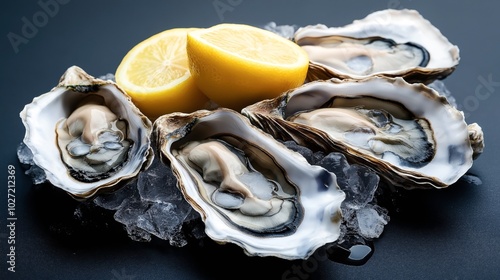 Freshly opened oysters on a bed of ice with lemon wedges on a dark background photo