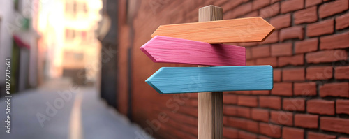 A colorful signpost with three arrows pointing in different directions, set against a brick wall in an urban environment. photo