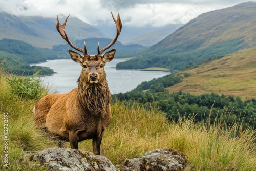 Majestic red deer stag standing on mountain meadow in scottish highlands