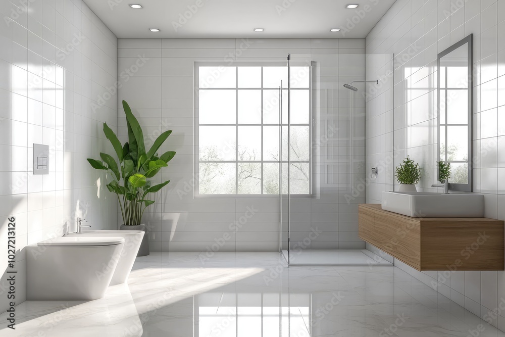 Modern minimalist bathroom with large window offering abundant natural light Modern minimalist bathroom with large window offering abundant natural light