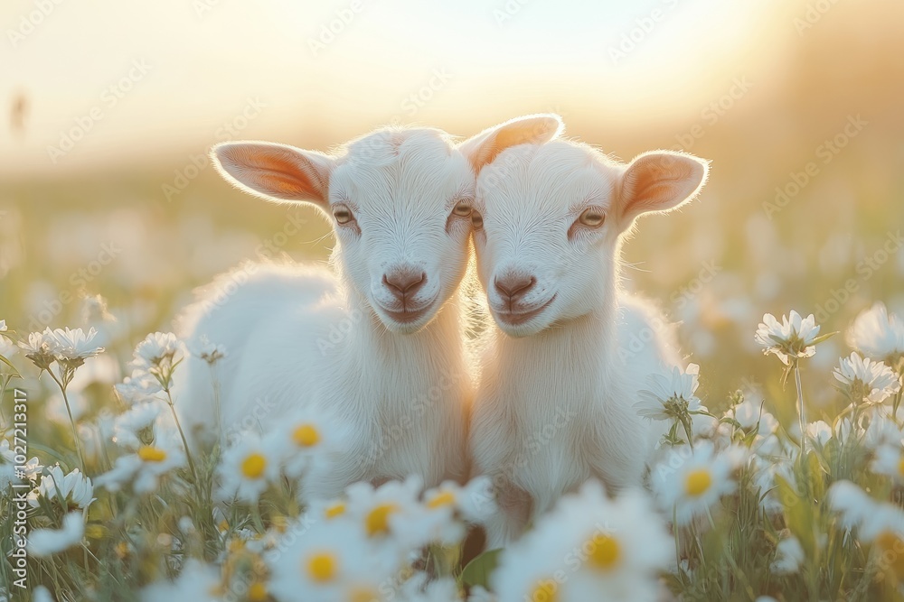 Two white baby goats sitting in field of daisies Two white baby goats sitting in field of daisies