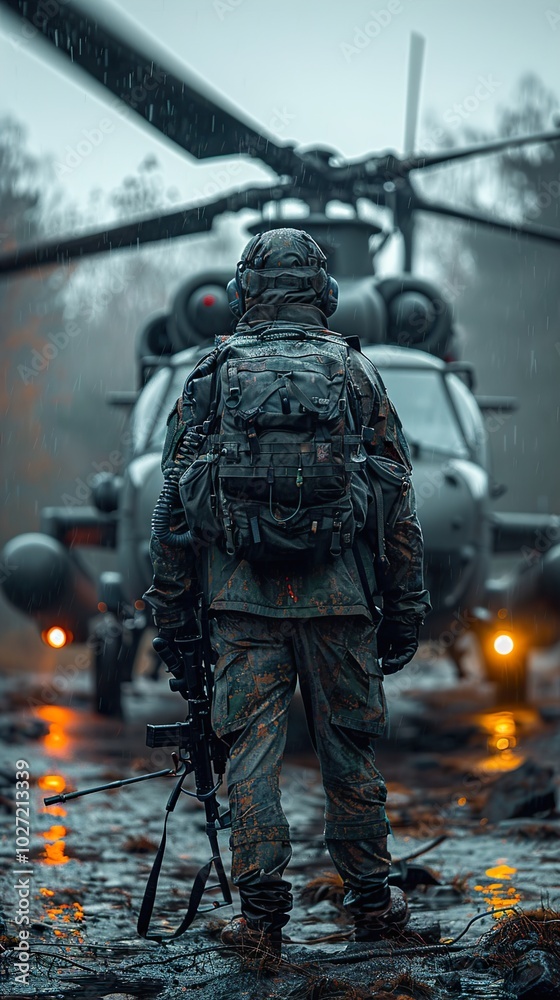 Soldier in Camouflage Gear Standing in the Rain Near a Helicopter Soldier in Camouflage Gear Standing in the Rain Near a Helicopter