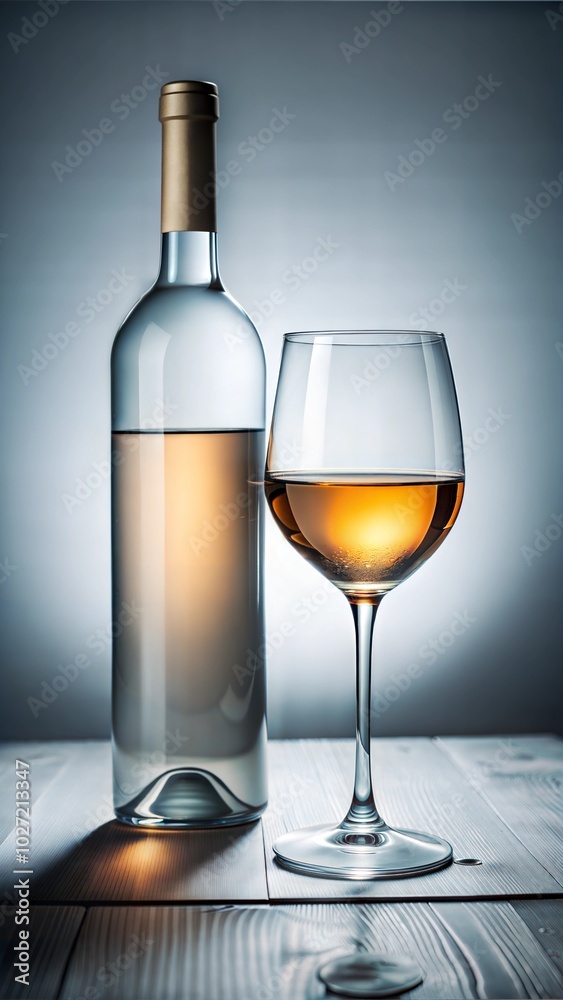 Elegant glass of wine and bottle on wooden table with soft background lighting Elegant glass of wine and bottle on wooden table with soft background lighting