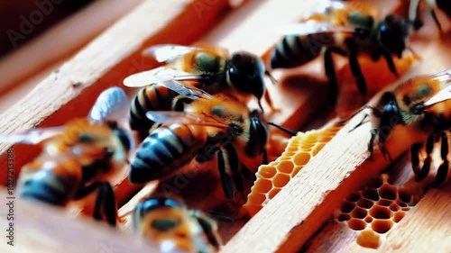 A close-up of bees working together to build honeycombs inside a beehive.