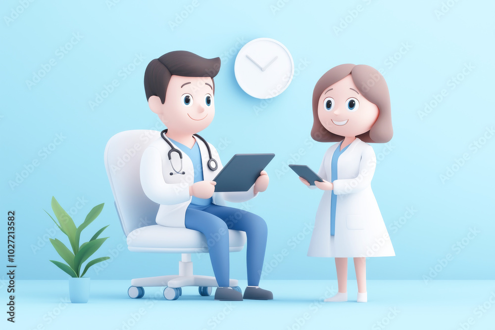 Fototapeta premium A cute cartoon doctor and nurse discussing a patient's health in a bright and modern medical office environment.