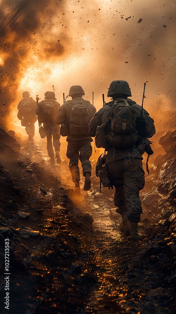 Soldiers Running Through Smoke and Fire on a Battlefield Soldiers Running Through Smoke and Fire on a Battlefield