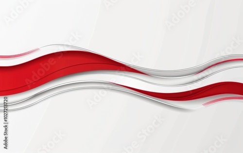 Abstract red and white background vector presentation design, with a wavy shape and silver lines in the middle.