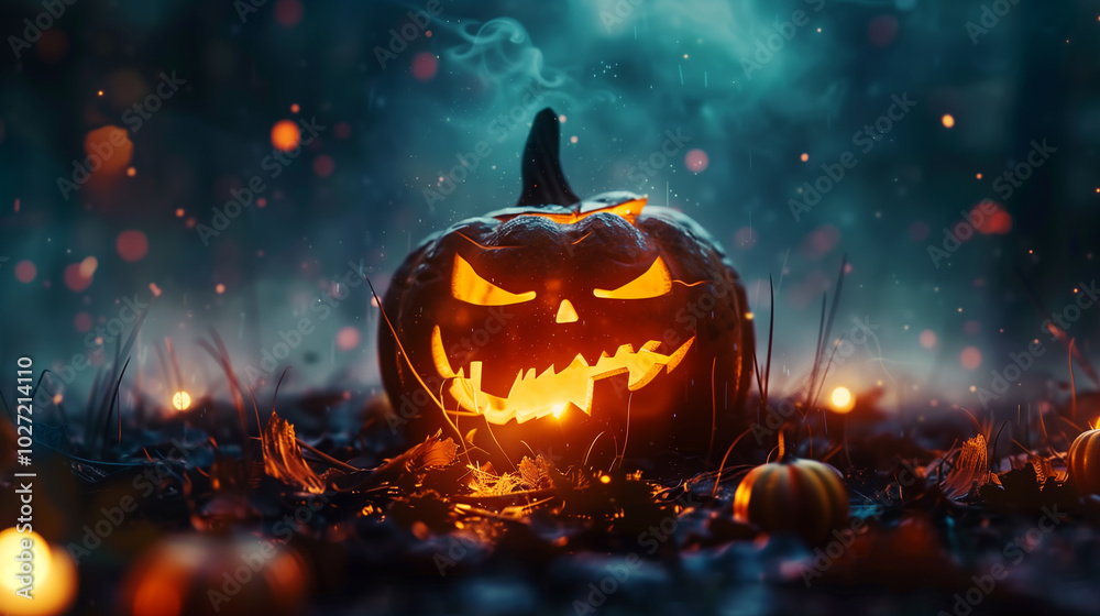 glowing halloween jack o lantern in mystical autumn forest glowing halloween jack o lantern in mystical autumn forest