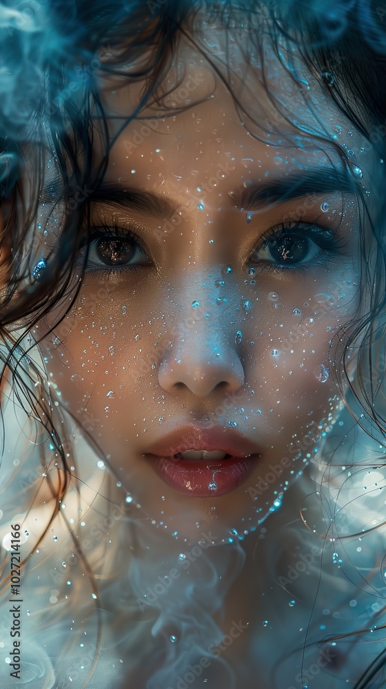 Water Drops Portrait: A Dreamy Close-Up of a Woman's Face