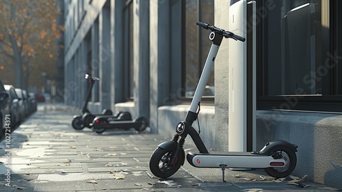 Electric scooters for communal use that are futuristic, sustainable, parked at a very minimalist charging station on the sidewalk.