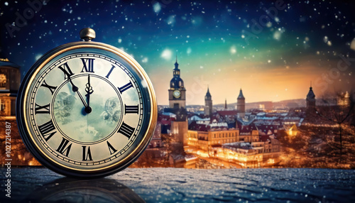 Abstract New Year's Day background with clock and a city as background.
