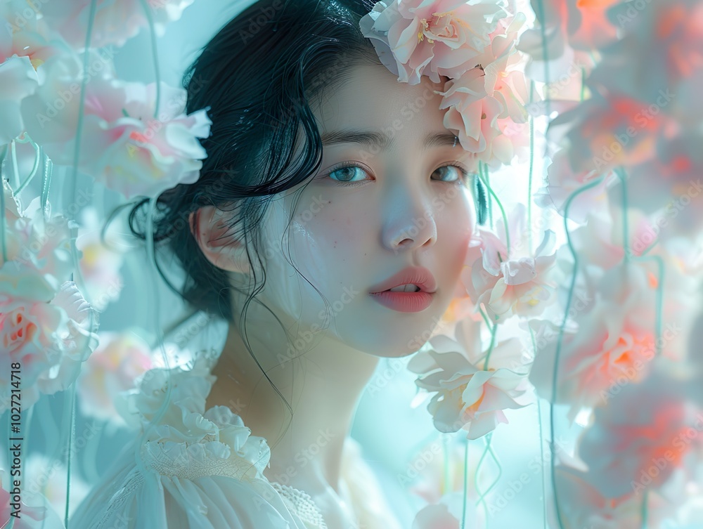 Dreamy Portrait of a Woman with Pink Flowers Dreamy Portrait of a Woman with Pink Flowers