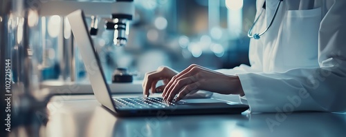 Healthcare-focused scientist in lab coat using a secure laptop in a modern laboratory.