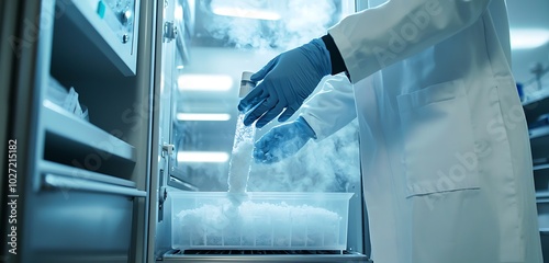 Advanced techniques in sample preservation shown as scientist accesses a deep freezer.