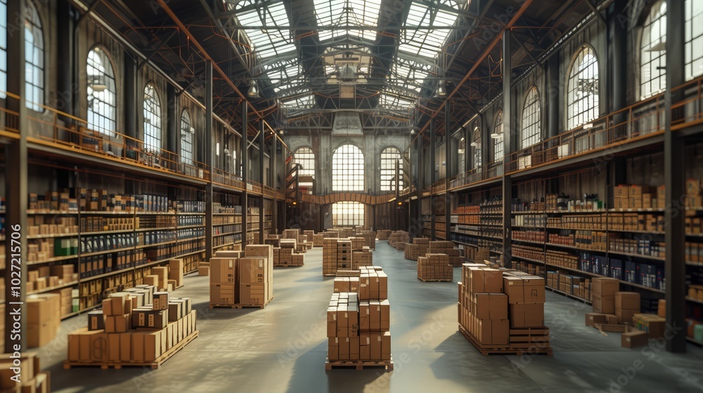 Interior of a warehouse with rows of boxes. Interior of a warehouse with rows of boxes.