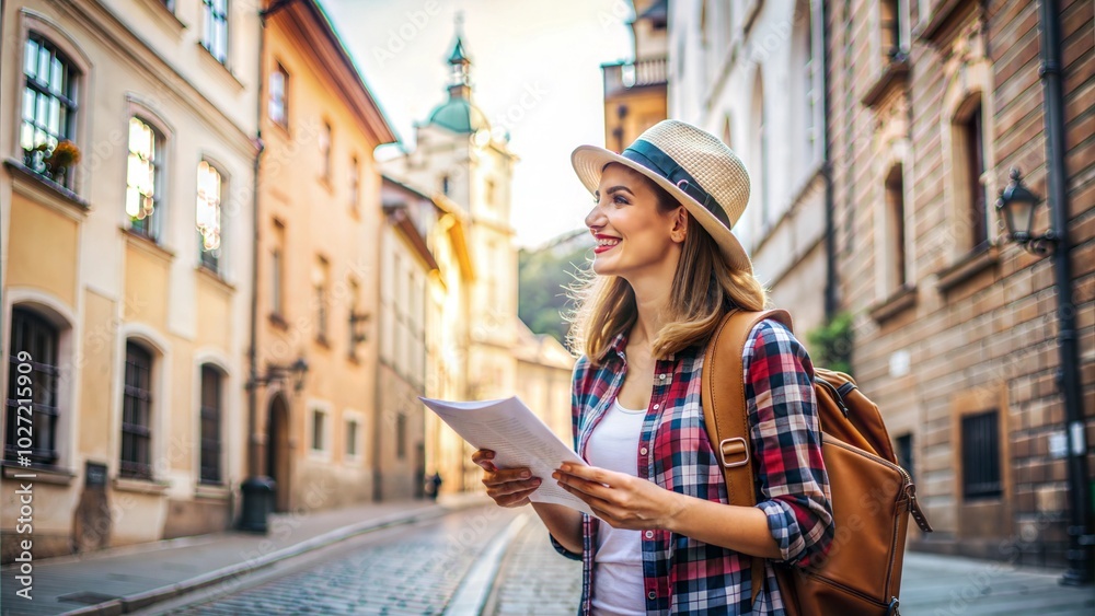 Traveler Woman Exploring a Historic City with Awe and Curiosity Traveler Woman Exploring a Historic City with Awe and Curiosity