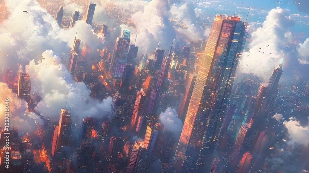 A Futuristic Cityscape Seen From Above the Clouds A Futuristic Cityscape Seen From Above the Clouds
