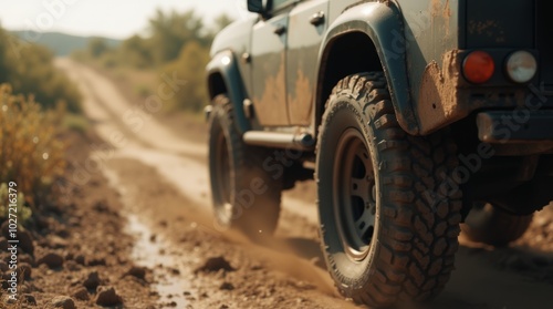 A close-up shot of a rugged off-road vehicle driving on a muddy dirt path.