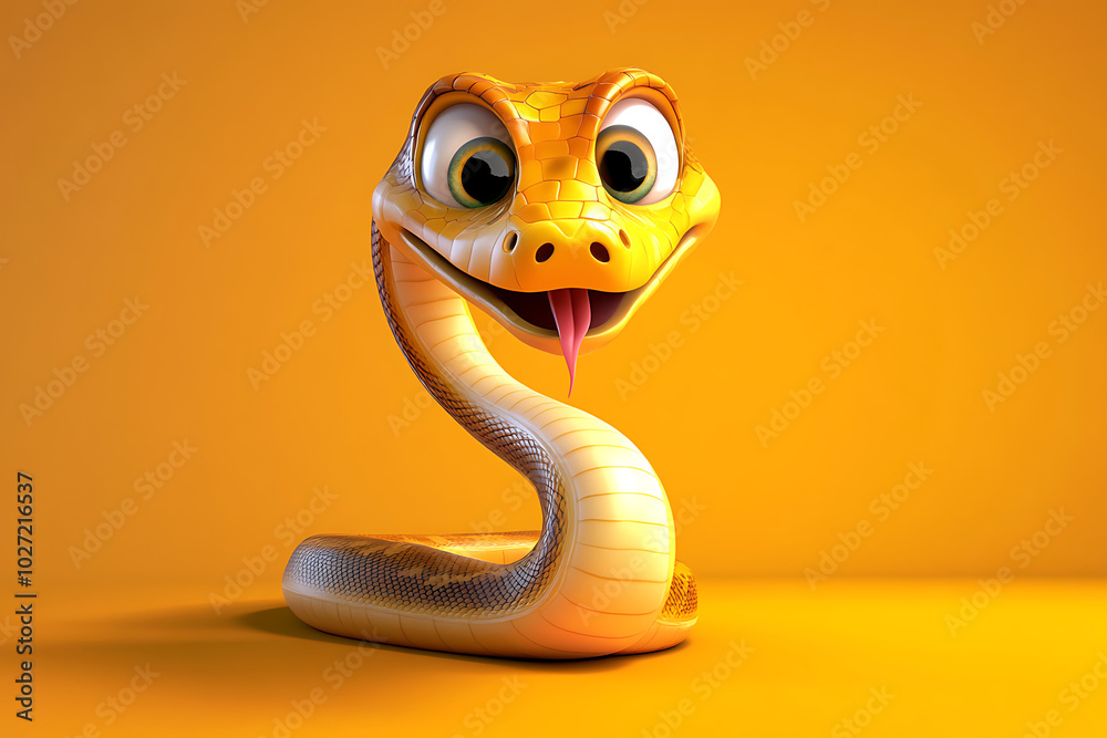 Fototapeta premium A cartoonish snake with a cheerful expression against a bright orange background.