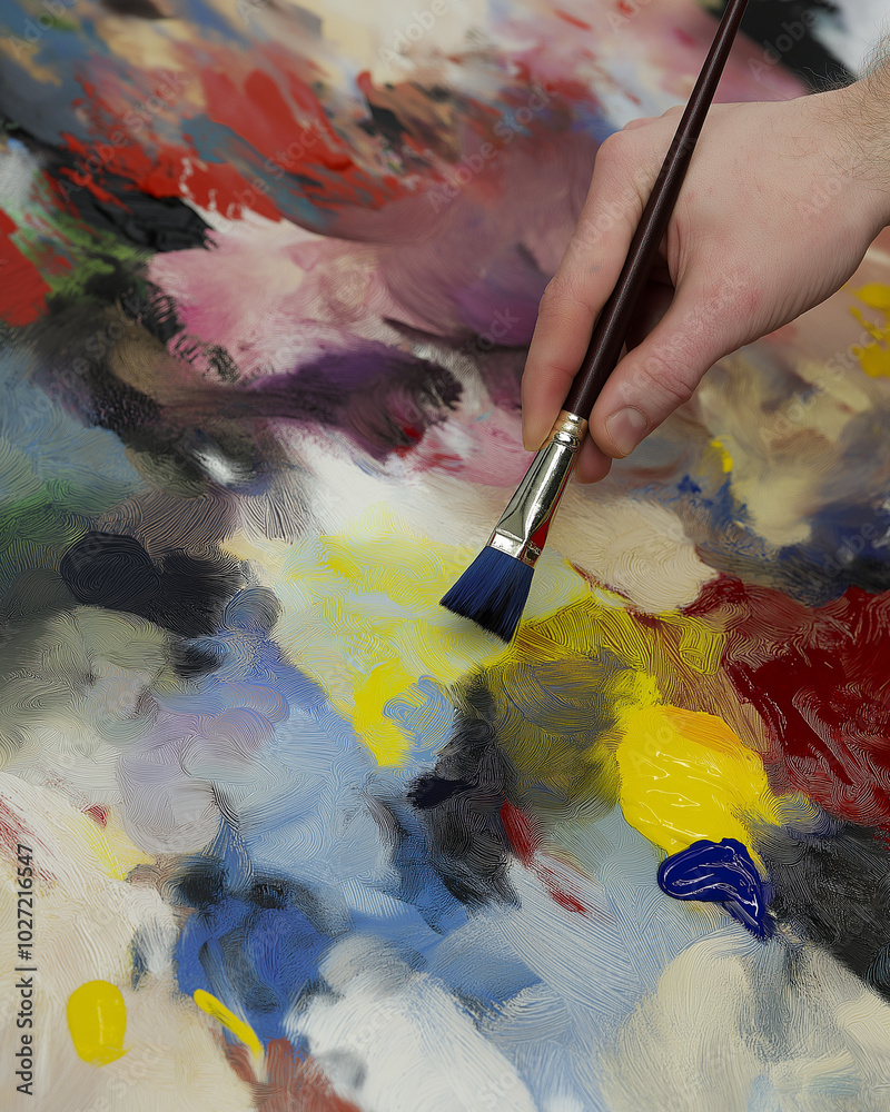 Obraz premium Paintbrush Blending Colors on Palette for Artistic Painting