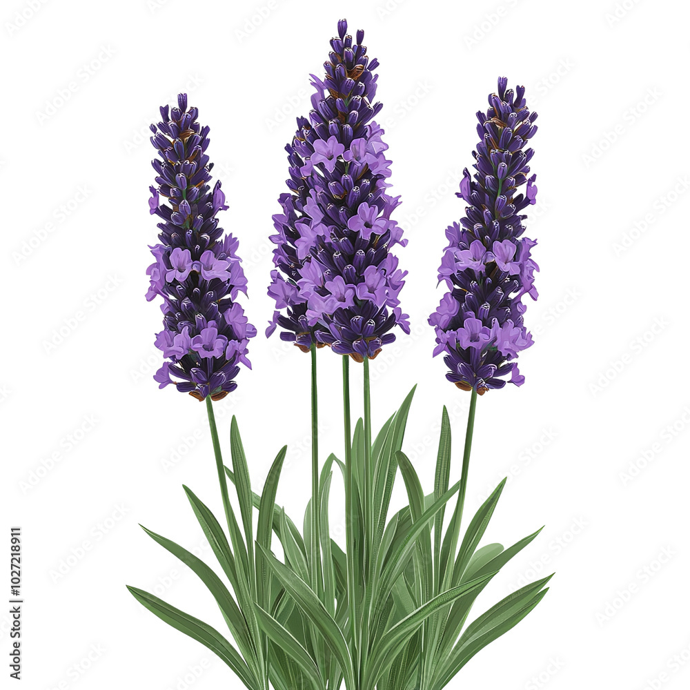 Obraz premium Purple Wildflowers in Nature, Lavender flowers in bloom, lavender flowers with green stems, realistic lavender flowers illustration, Herbal Lavender Botanical, Aromatherapy Floral Plants
