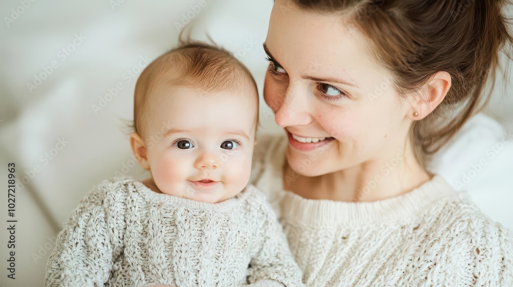 A joyful woman holding her smiling baby in a cozy setting, both wearing warm knit sweaters A joyful woman holding her smiling baby in a cozy setting, both wearing warm knit sweaters