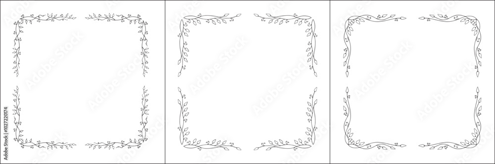 Set of three vegetal vector frames with forest flowers and leaves. Black and white. Vector frame for all sizes and formats. Isolated vector illustration. Set of three vegetal vector frames with forest flowers and leaves. Black and white. Vector frame for all sizes and formats. Isolated vector illustration.