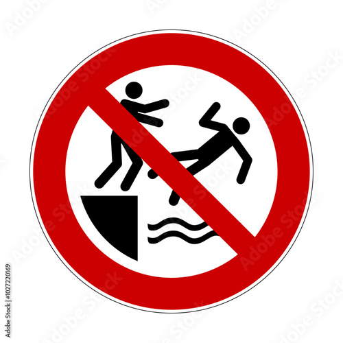No pushing into water safety sign. Vector illustration of red crossed out circle sign with man  pushing the other man. Prohibition symbol isolated on white background.