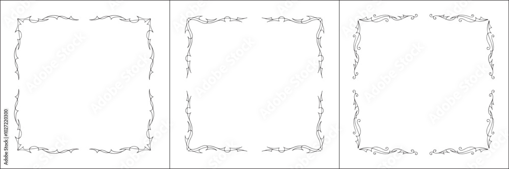 Set of three thin vector decorative frames. Black and white. Vector frame for all sizes and formats. Isolated vector illustration.
Set of three thin vector decorative frames. Black and white. Vector frame for all sizes and formats. Isolated vector illustration.