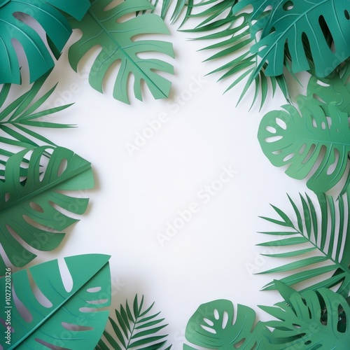 Tropical leaves frame a white background, creating a blank space for text or design.