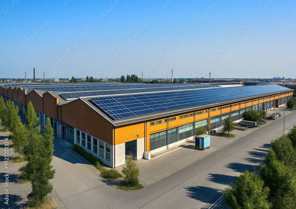 Factory or warehouses buildings complex, with solar photovoltaic panels on roof, aerial view. Generative AI
