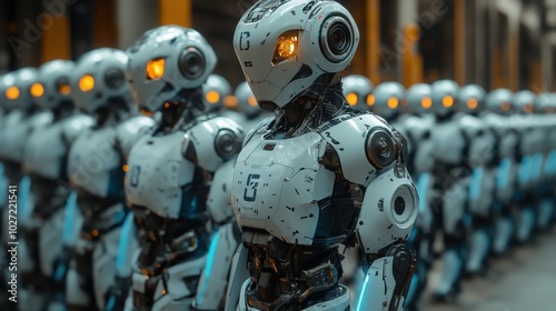 Row of futuristic humanoid robots in industrial warehouse, artificial intelligence, advanced robotics, manufacturing technology, sci-fi, cybernetic machines, robotic assembly line, high-tech industry